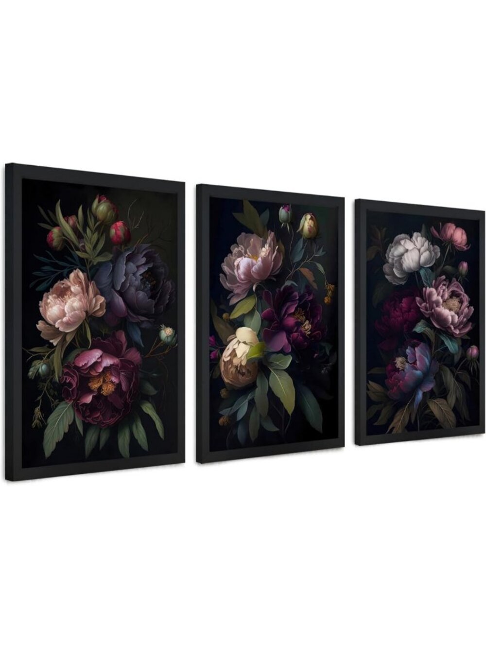 Gothic Floral Dark Peony Canvas Wall Art Set - 3pc Framed Decor, 20x30 In